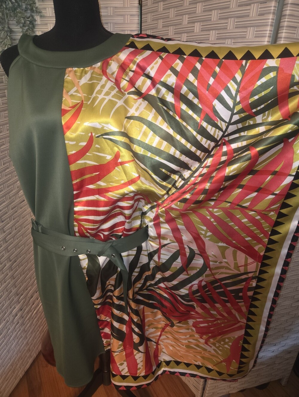 Ashley Stewart Olive Green and Red Tropical Belted Dress - Picture 2 of 6